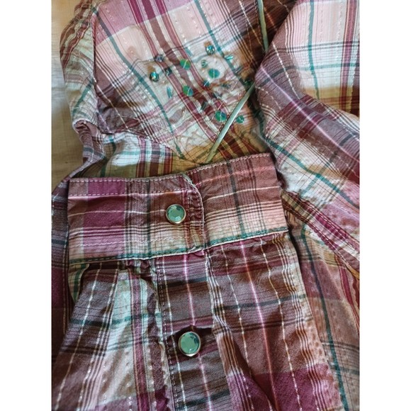 Twenty X Women's  L/S Pearl Snap Pink/Purple Plaid Blouse.  Blue piping. L. - Picture 9 of 9